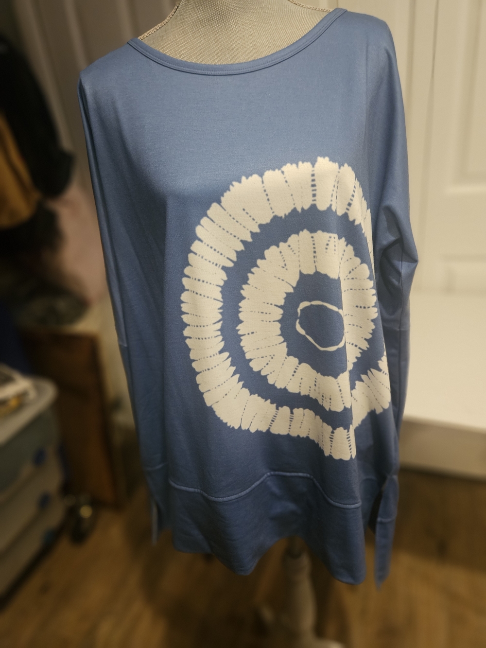 Blue Long Sleeve Top with White Spiral Print